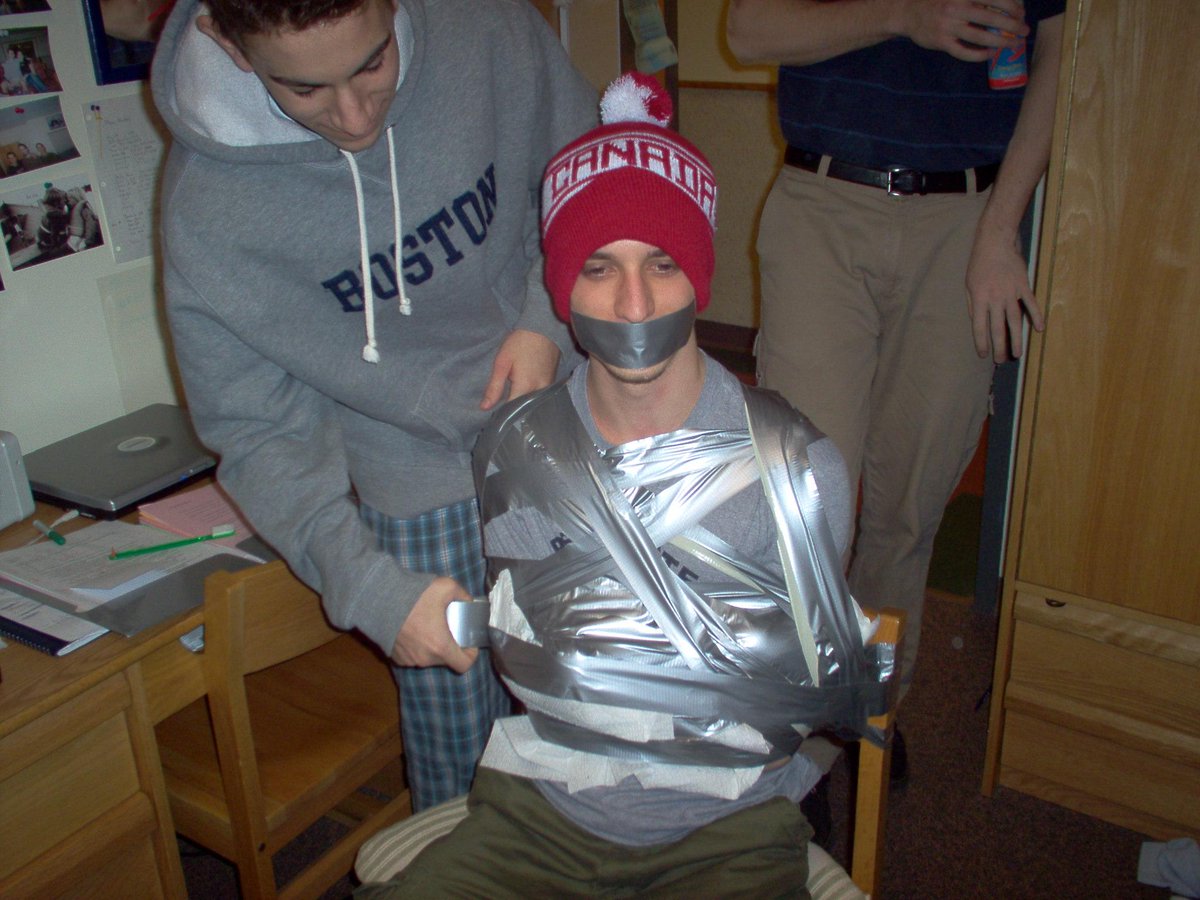 CapturedCamo's tweet photo. Welcoming the Canadian to the dorm with a proper chair duct taping. https://t.co/zG3ZZo2F8x