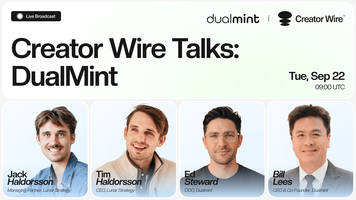 creator_wire's tweet photo. Live tomorrow: Creator Wire Talks with @DualMintRWA

@Jackhaldorsson and @TimHaldorsson sit down with @billtlee (CEO &amp; Co-Founder) and Ed Steward (COO) to break down PLAY, DualMint's machine vault on @Solana, where arcade machine revenue pays out onchain.

Tune in live. https://t.co/5Iurt1RCpW