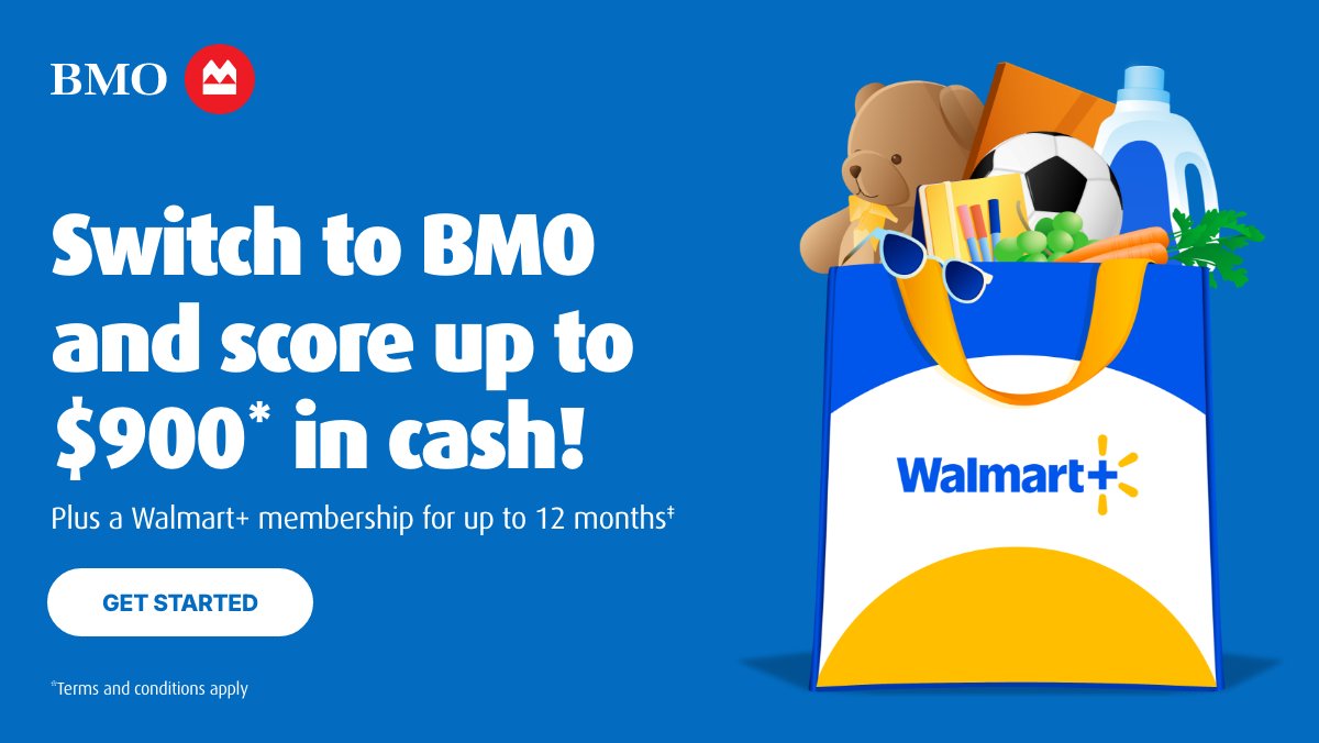 ParentLifeNet's tweet photo. New grade, new routine, new $900 opportunity!

Head into the new season with some backup for your budget. Score up to $900*, plus a Walmart+ membership for up to 12 months‡ with BMO. Get offer details: https://t.co/Yv2pXLwJoj https://t.co/850niJTrBC