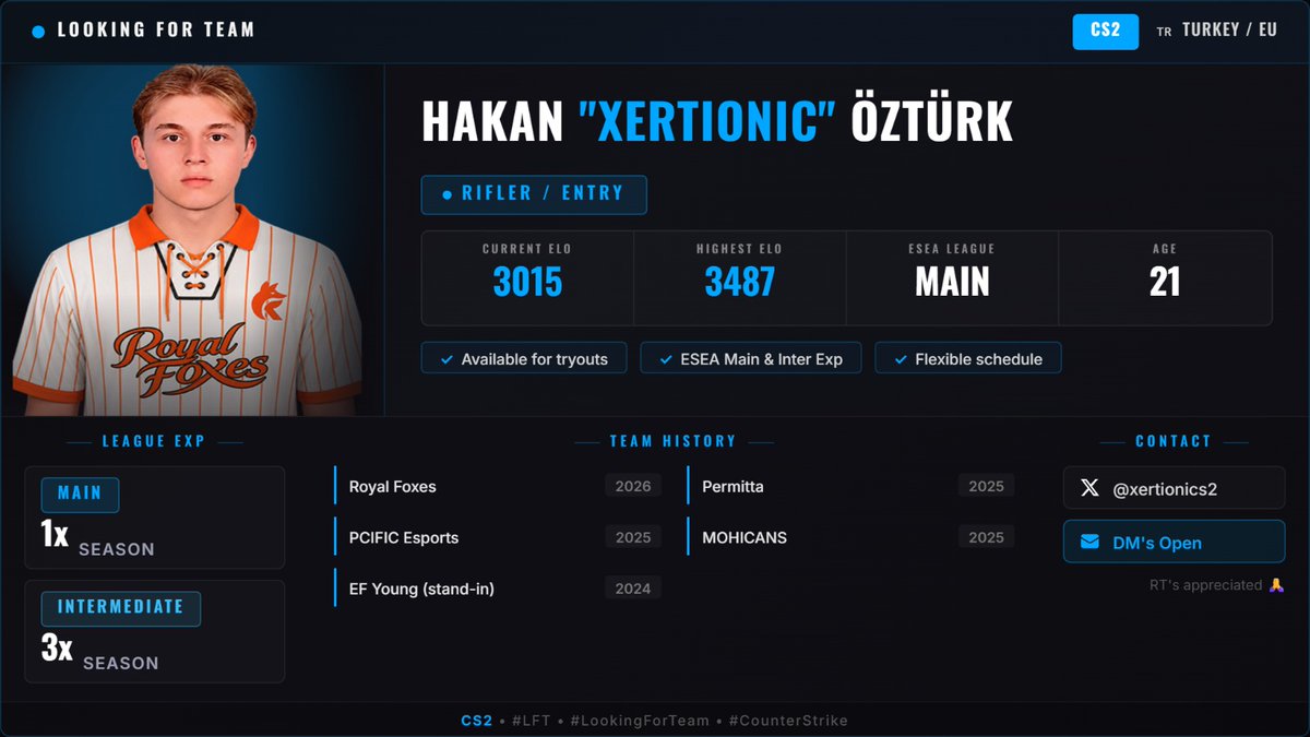 xertionics2's tweet photo. [EN]
LFT | F/A

Role: Rifler / Entry Fragger 
- 1x ESEA Main
- 3x ESEA Intermediate
- 3487 Peak ELO / 3015 Current ELO
- LAN/Bootcamp ready, highly motivated & flexible schedule.

Open to EU / TR offers.

Profiles:
FACEIT: https://t.co/HoWskAjNtB
Steam: https://t.co/Fem0E0QGra
Twitch: https://t.co/wzkbv4H7iH

Contact: DM's Open ✉️
RTs are appreciated!

#CS2 #LFT #LookingForTeam #CS2TR