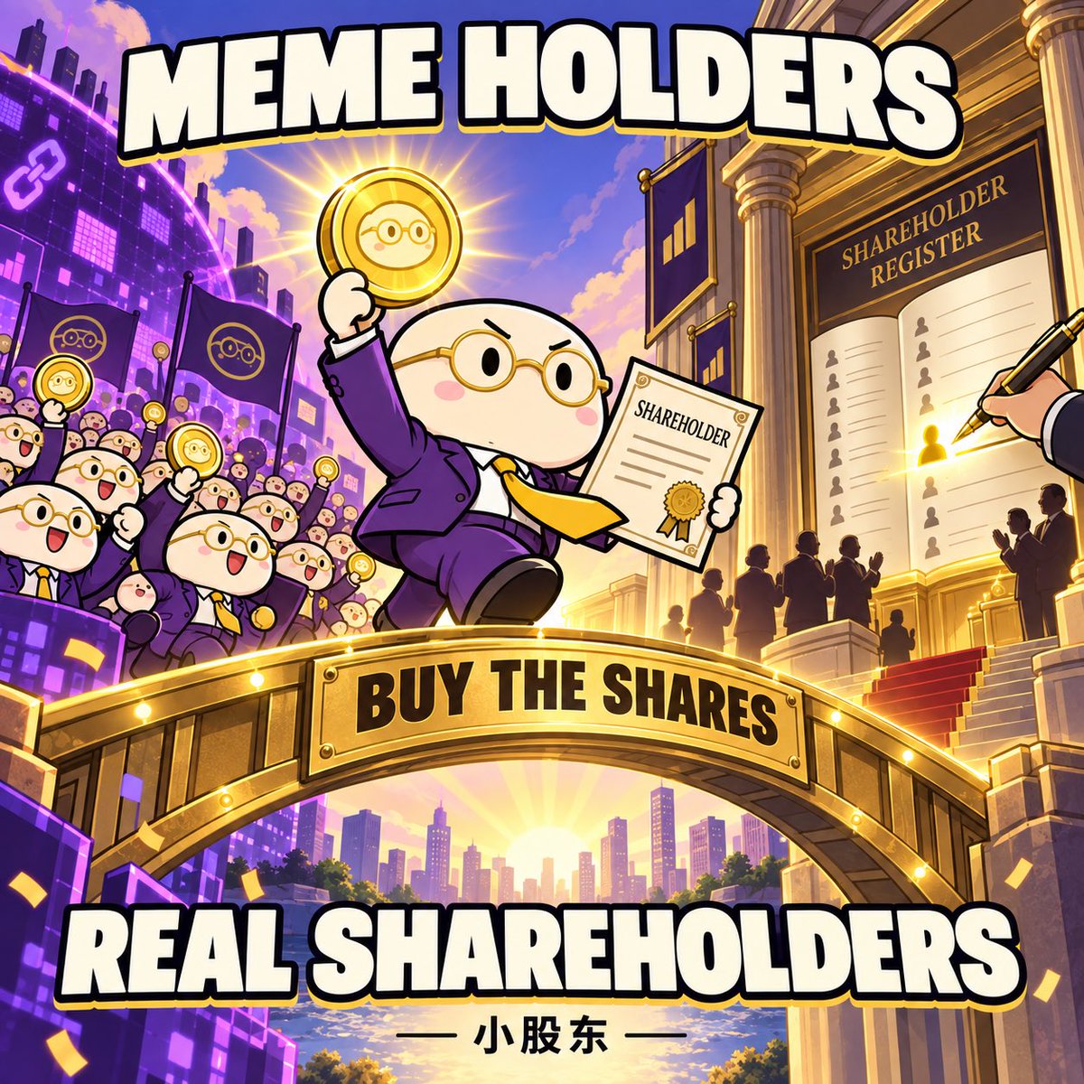 LilShareholder's tweet photo. Meme holders on the timeline.
Real shareholders on the cap table.

For the first time, the bridge itself is the product.

If a community can buy the stock together, the meme stops being commentary and starts becoming ownership.

小股东 is here for the crossing. 🧩 https://t.co/8HoKinUIqI