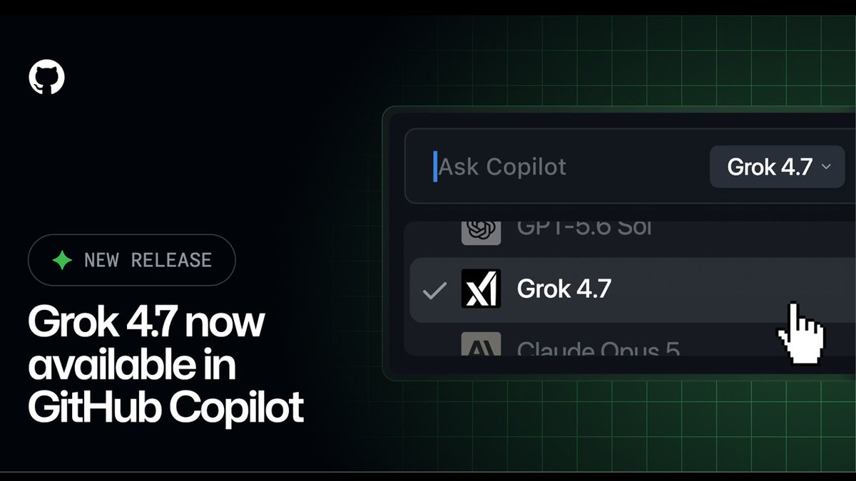 VisualStudio's tweet photo. Grok 4.7 is now available in Visual Studio.

This latest reasoning model from xAI builds on Grok 4.6 for agentic coding and complex, multistep workflows. Select it from the model picker in Copilot Chat to get started.

Learn more: https://t.co/ycBjwQu6Ka
#VisualStudio #GitHubCopilot #AI
