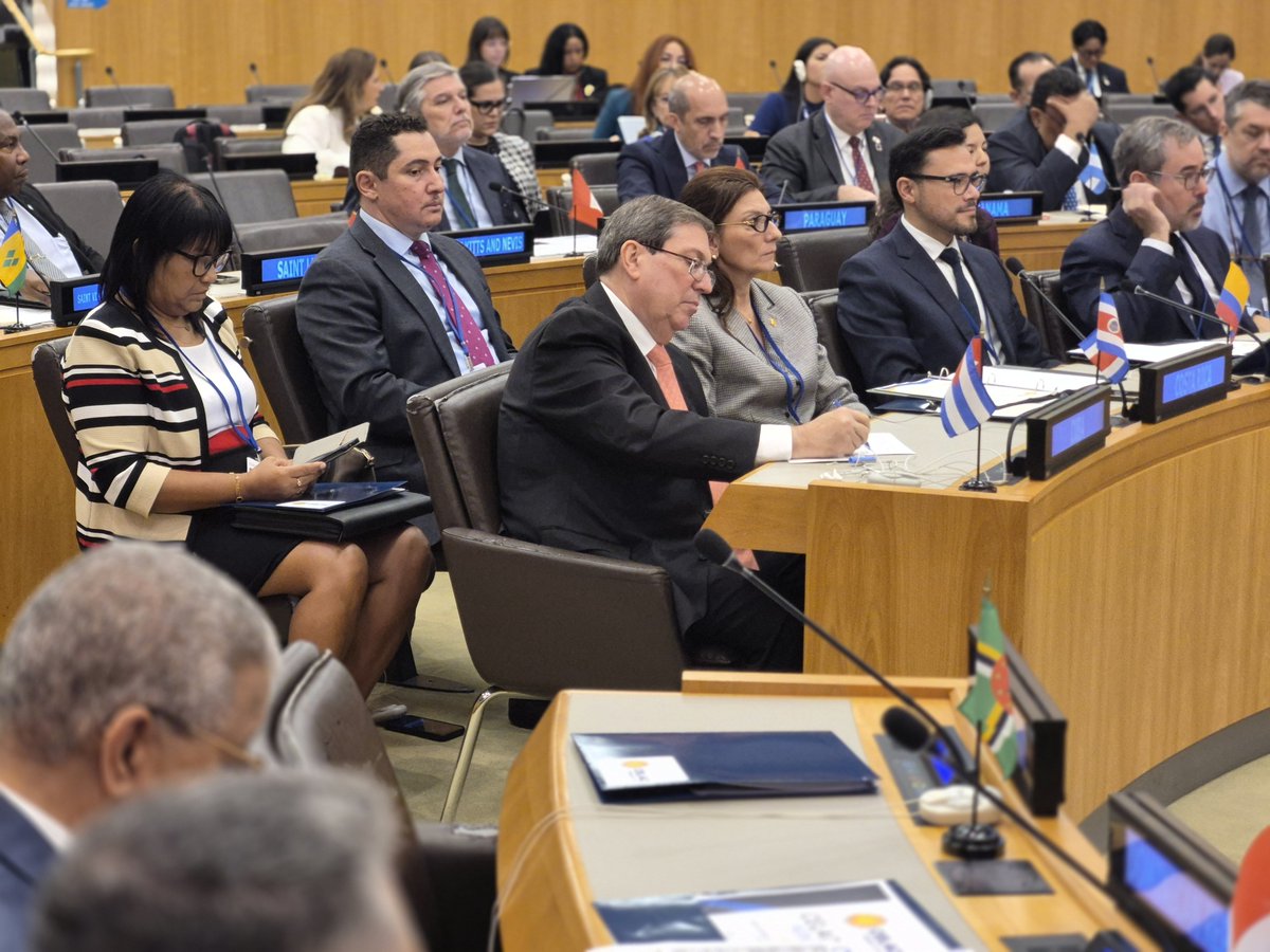 BrunoRguezP's tweet photo. During a #CELAC ministerial meeting in the context of #AGNU81, I stated that our main concern and key denunciation today is the fact that Latin America and the Caribbean is being the target of a US government onslaught aimed at imposing the archaic Monroe Doctrine, reinforced under new and unacceptable corollaries.

The militarization of the region is being used as an instrument of domination using as a pretext the combat against terrorism. Punitive tariffs are being imposed against several of our countries. Initiatives are being promoted in an attempt to divide us. Efforts are made to weaken  the coordination and integration mechanisms that we worked so hard to build.

The defense of the Proclamation of Latin America and the Caribbean as a Zone of Peace is a priority.

We denounce the unprecedented tightening of the US blockade against Cuba, particularly the energy siege, the secondary sanctions, a violent media campaign and the  threat of a military aggression.

#CubaIsNotAThreat, the blockade is.