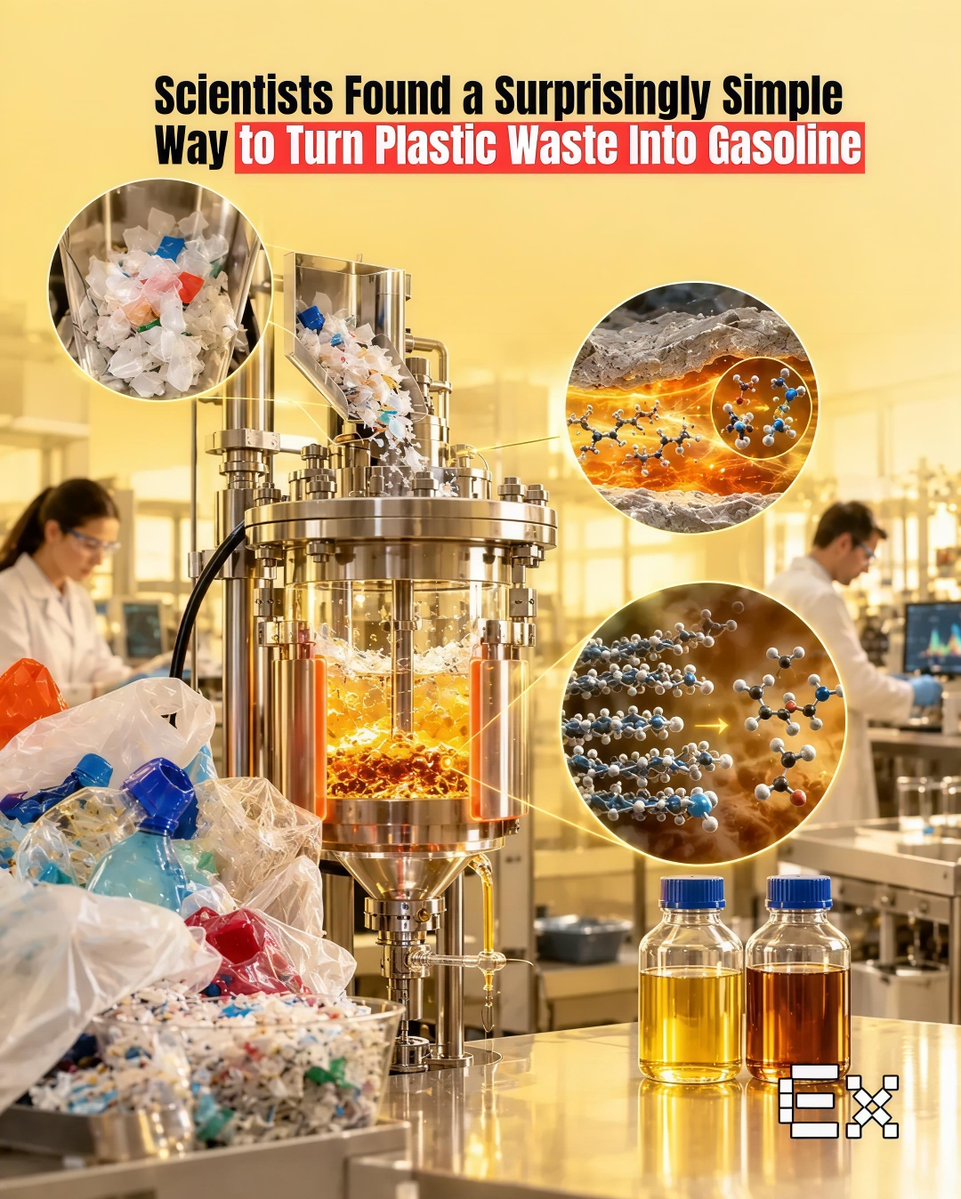 ElementiaX's tweet photo. Scientists found a new way to turn plastic waste into fuel. ♻️⛽

Researchers at Oak Ridge National Laboratory developed a process that converts polyethylene plastic into gasoline- and diesel-like hydrocarbons at temperatures below 200°C. https://t.co/D9vX8eBJQG