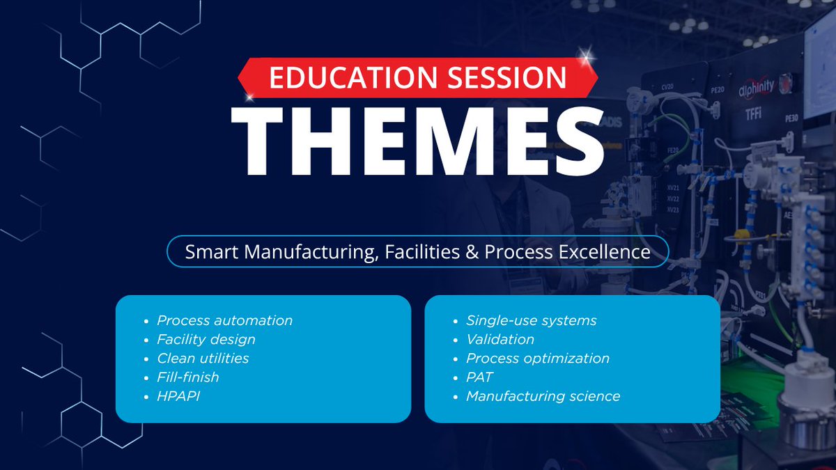 INTERPHEX's tweet photo. Last but certainly not least, here are the final two themes of the #INTERPHEX2027 Education Program. 👀

⚙️ Smart Manufacturing, Facilities &amp; Process Excellence
🧬 The Future of Pharmaceutical Manufacturing

Explore the full INTERPHEX education program: https://t.co/ortDp789t7 https://t.co/EzftbsGZri