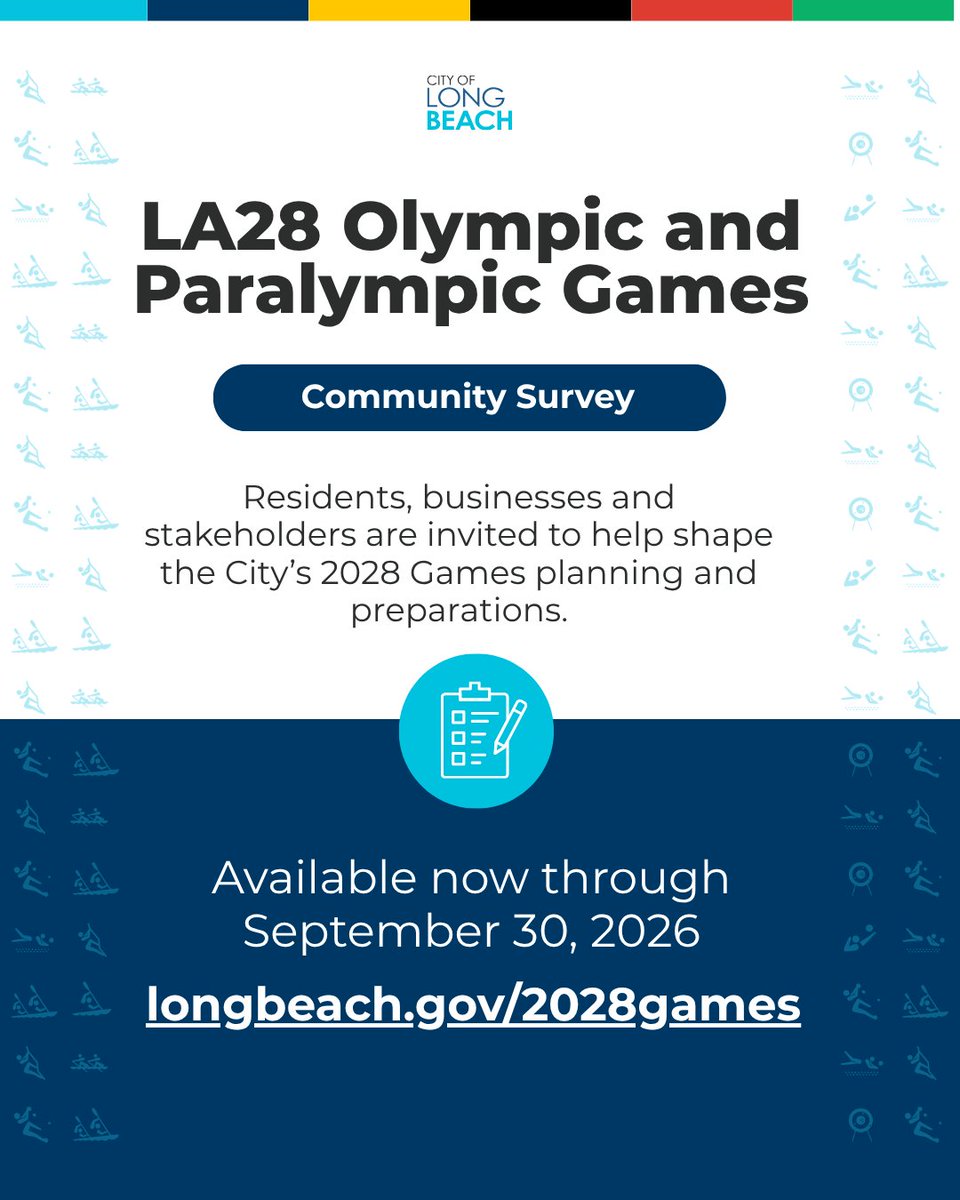 lbtransit's tweet photo. Complete the @LongBeachCity 2028 Games Community Survey! Participate in the survey to help ensure community priorities, perspectives and aspirations shape the City’s planning and preparations for the LA28 Olympic and Paralympic Games. Visit https://t.co/Gw6mMRWhkZ. https://t.co/Oct4uAKpfp