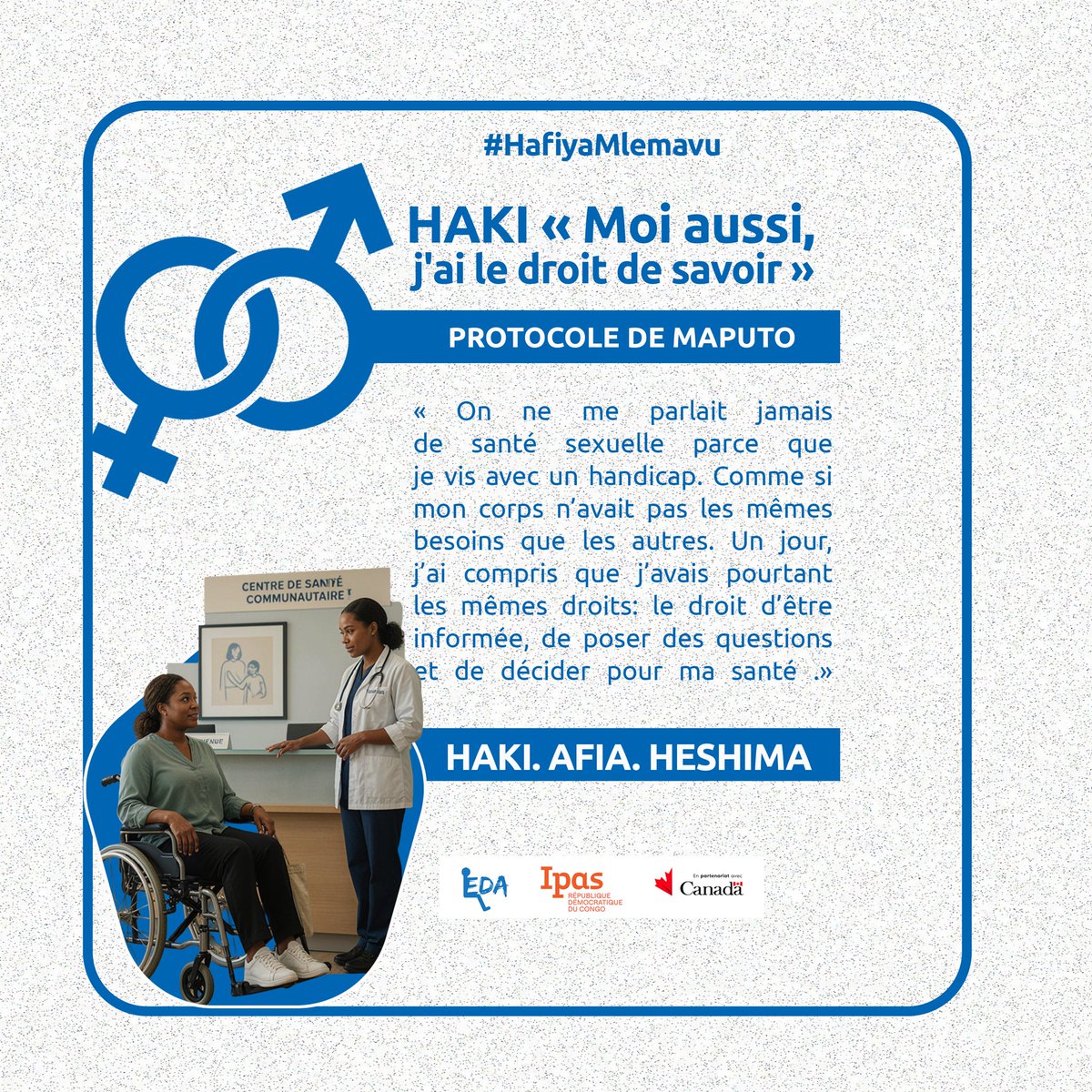 LydieKahambu's tweet photo. #HafiyaMlemavu

Vivre avec un handicap ne prive personne du droit à une information de qualité sur sa #SSR . 

S’informer, poser des questions et décider pour sa santé : c’est un droit. 

#EnableTheChange 

@enable_rdc  @Mulunda_JC @MakokiYaMwasi @GAC_Corporate https://t.co/GMXO9F9dXj
