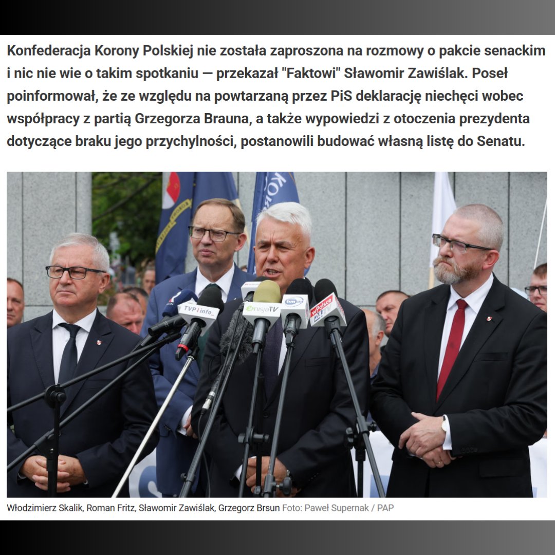KoronyPolskiej's tweet photo. Konfederacja @KoronyPolskiej nie została zaproszona na rozmowy o pakcie senackim i nic nie wie o takim spotkaniu — przekazał "Faktowi" @SlawZawislak.

Poseł poinformował, że ze względu na powtarzaną przez PiS deklarację niechęci wobec współpracy z partią Grzegorza Brauna, a także wypowiedzi z otoczenia prezydenta dotyczące braku jego przychylności, postanowili budować własną listę do Senatu.

👇 Przeczytaj więcej w artykule @Fakt_pl: https://t.co/SKMnxoq5nJ