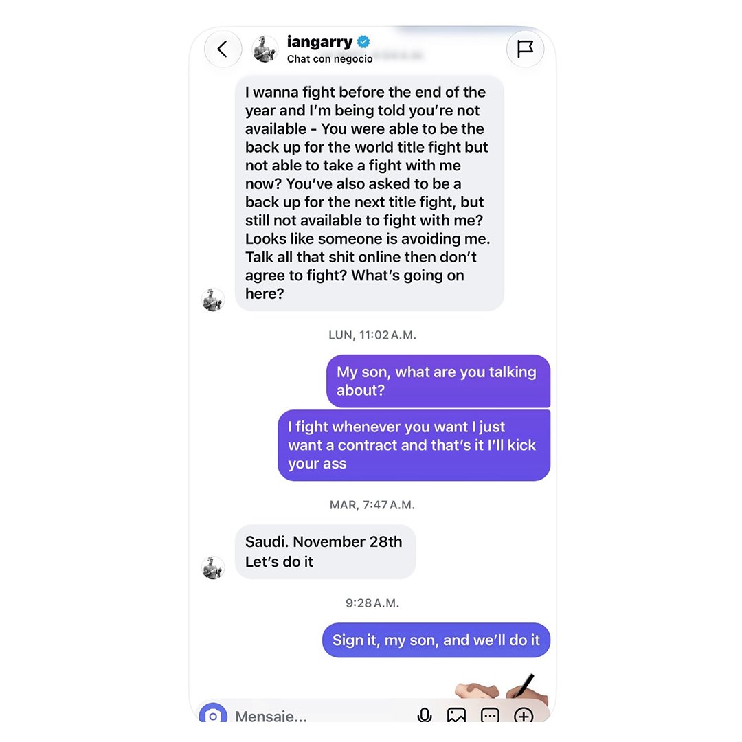 ChampRDS's tweet photo. Michael Morales reveals his DMs with Ian Garry 👀

🗣️ Garry: "I wanna fight before the end of the year and I'm being told you're not available. You were able to be the backup for the world title fight but not able to take a fight with me now?"

🗣️ Morales: "My son, what are you talking about? I fight whenever you want I just want a contract and that's it. I'll kick your ass."

🗣️ Garry: "Saudi. November 28th let's do it."

🗣️ Morales: "Sign it, my son, and we'll do it." 😭
