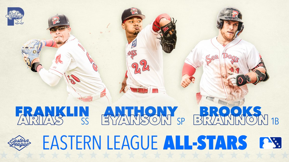 PortlandSeaDogs's tweet photo. Three Sea Dogs have been named Eastern League All-Stars! 

⭐️ Franklin Arias
⭐️ Brooks Brannon
⭐️ Anthony Eyanson 

📰 https://t.co/P7wafjNQbt https://t.co/KTBcuasUEX