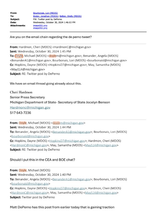 pjcolbeck's tweet photo. Just the tip of the iceberg for Benson administration's attempts to prevent disclosure via FOIA and legal discovery.

In the MDOS response to my FOIA request for communications pertaining to the 125,428 illegal votes cast in the #2024Election, I noticed the following email from MDOS Employee Michael Doyle featuring the question:

"Should I put this in the CEA and BOE chat?"

This sure seems to indicate an intent to take incriminating communications "offline"...at least to the general public ;)

My subsequent FOIA requests for "CEA and BOE chat" communications were met with obstruction.
@KevinKijewski @MIGOP @MrJustinBarclay