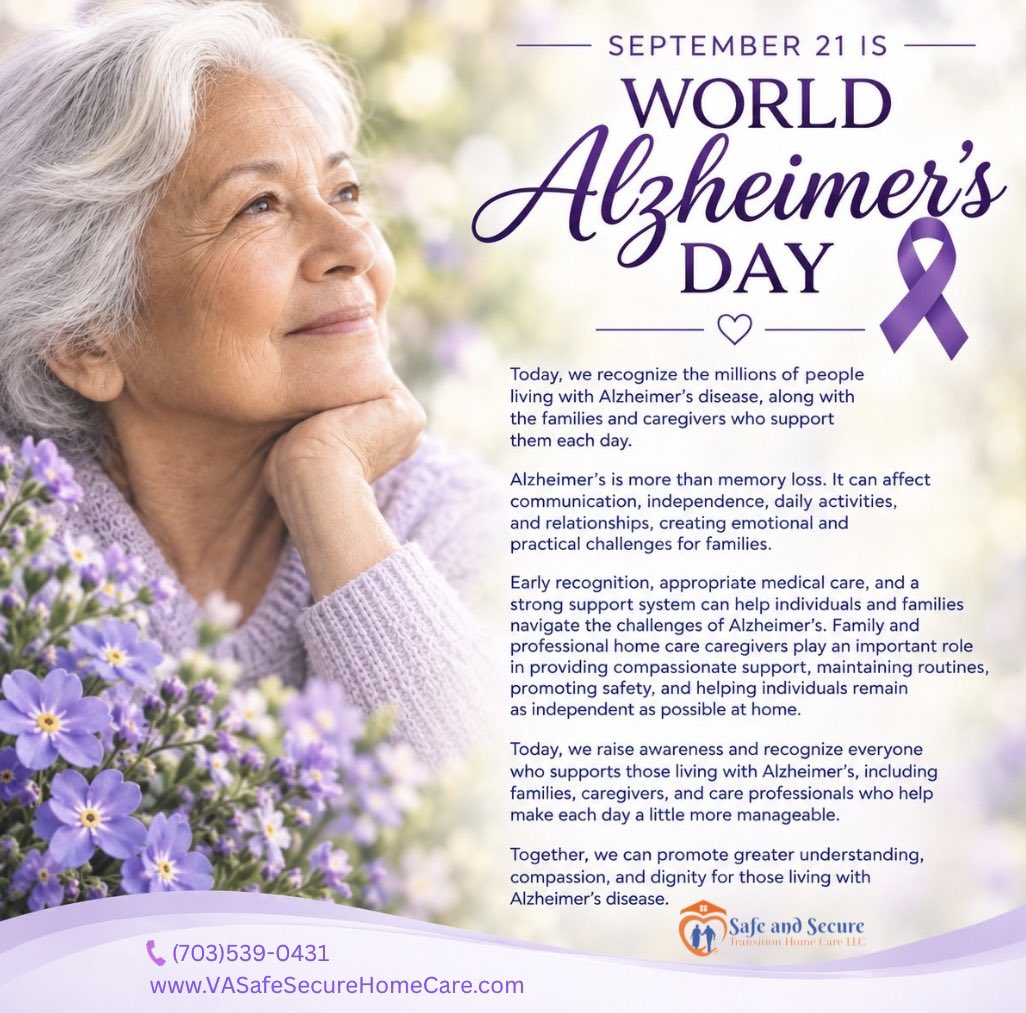 safeandsthc's tweet photo. September 21st is World Alzheimer’s Day. Let us recognize the millions of people living with Alzheimer’s disease, along with the families and caregivers who support them each day.💜

https://t.co/Rvzoeu09ZY 

#ConciergeCare #NorthernVA #familyoffice #AlzheimersDisease #Alzheimers https://t.co/5Py3uujQyk