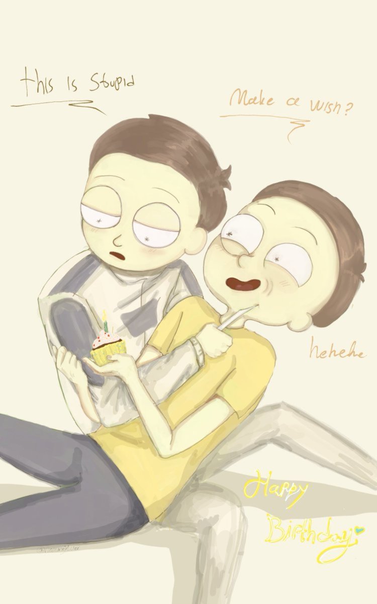 Veepersonill's tweet photo. Happy birthday my baby, so late to upload this.

Morty's family forget his birthday and Rick is too drunk to function as always, so morty steal rick's portal gun, buy some cupcake before headin to time prison to celebrate with evil morty, since they both morty, little did he knows someone has a huge crush.
#rickandmorty #mortyprime #evilmorty #mortycest
