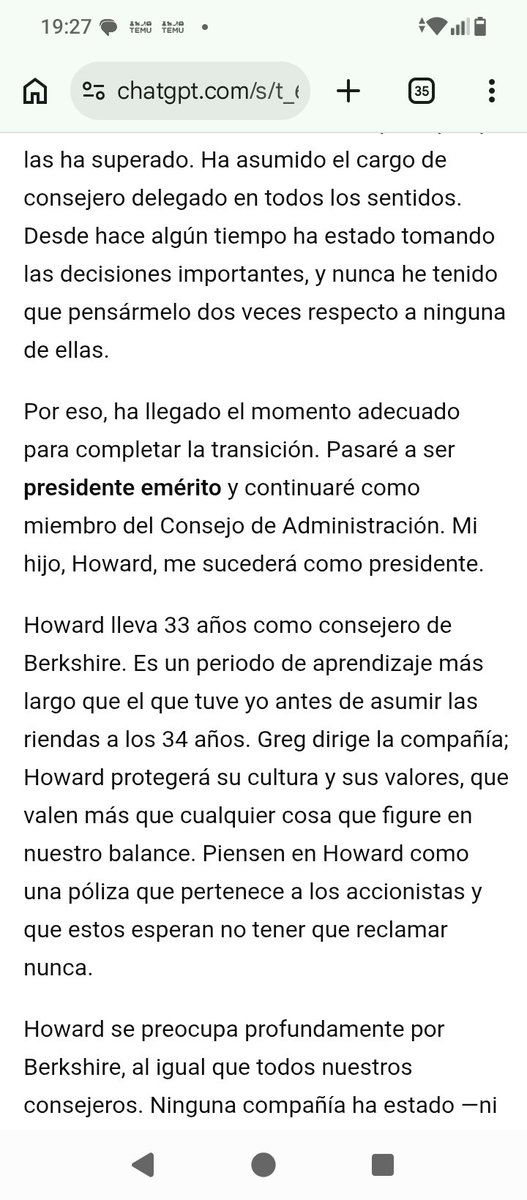 TheOmegaOracle's tweet photo. Carta en español de #Warren #Buffet a sus accionistas de #Berkshire #Hataway. 

1) Buffet pasa a ser Presidente Emérito 
2) Greg es Consejero Delegado 
3) Su hijo Howard será el nuevo Presidente.

Compren #acciones de Berkshire Hathaway.
#Bolsa #Mercados #Buy https://t.co/owvb63ymlt