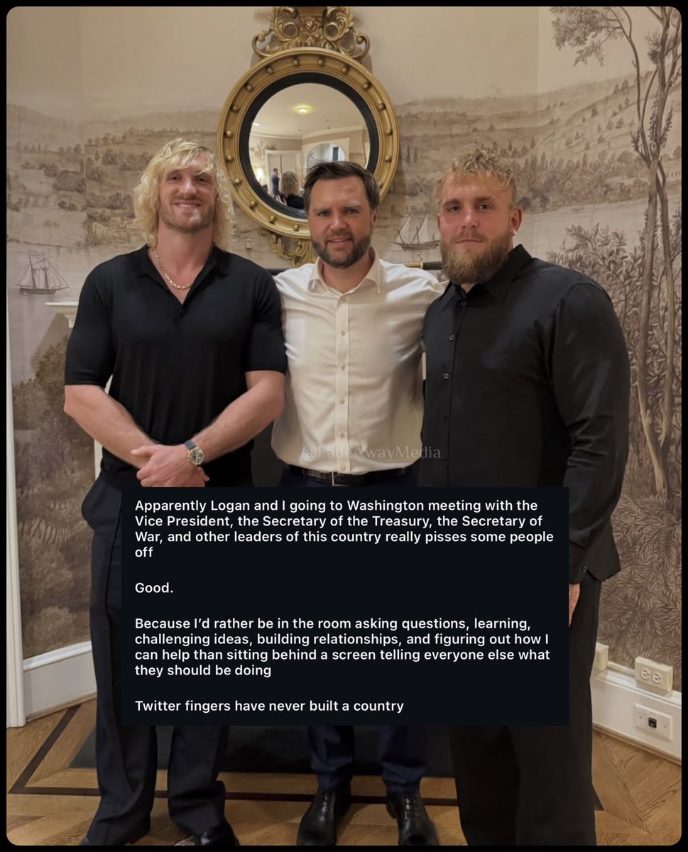 FadeAwayMedia's tweet photo. WWE Superstar Logan Paul, and his Brother Jake Paul, with United States Vice President JD Vance: 

And fired back on people questioning why they were talking to US leaders.

“Twitter fingers have never built a country” https://t.co/BljuGCEsp3