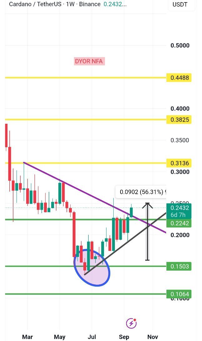 CryptoTheBossX's tweet photo. 🔷️ Ascending Pressure: $ADA Shatters Descending Resistance 

Following up on our previous study. In our last review, we noted $ADA was tightening within an ascending structure, with buyers consistently absorbing supply along the rising trendline.

That accumulation phase has now resolved into a bullish breakout. Price action has decisively broken above the purple descending resistance line while maintaining firm support above the black ascending trendline, successfully pushing through and securing green horizontal support levels.

With structural momentum swinging back in favor of buyers, the chart is now targeting the upper yellow resistance bands overhead. Holding above the newly reclaimed green floors remains key for sustained upward continuation. 📈

⚠️ Not financial advice.

#ADA #Cardano #Crypto #Altcoins #Web3