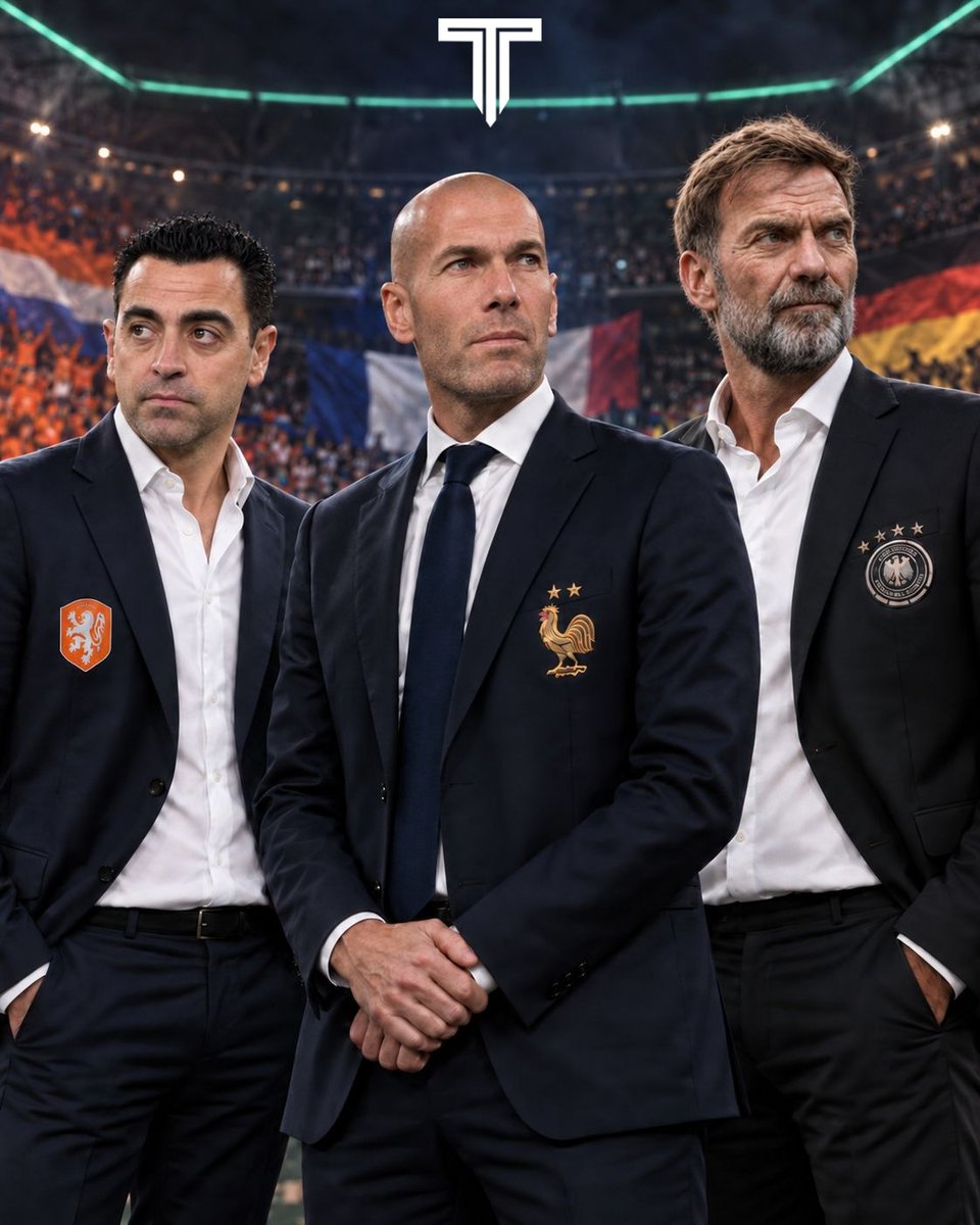 TouchlineX's tweet photo. 🚨 𝗡𝗘𝗪: Three legendary names, now leading three of Europe’s biggest national teams! 😮‍💨

🇳🇱 Xavi Hernández leading the Netherlands.

🇫🇷 Zinedine Zidane leading France.

🇩🇪 Jürgen Klopp leading Germany. https://t.co/bt7K4hClwi