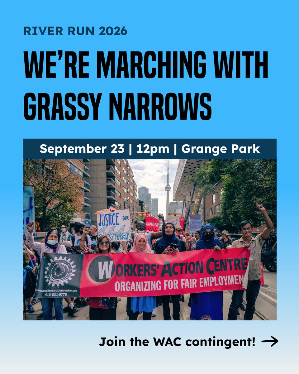 WorkersAC's tweet photo. We’re marching with Grassy Narrows First Nation!

📣 Join the Workers’ Action Centre as we march with Grassy Narrows youth, leaders, and community members on Wednesday, September 23rd at 12pm at Grange Park to demand the paper mill be shut down and the community be adequately compensated.

The devastating mercury crisis in Grassy Narrows First Nation has persisted for decades, ever since a pulp mill discharged 10 tonnes of mercury waste upstream in the 1960s. To this day, the government has done almost nothing, and the people of Grassy Narrows have not received fair compensation for the serious impacts of the ongoing mercury crisis on their health, culture, and livelihoods.

📍 WAC Meeting Spot: 12pm in front of the elephant sculpture at the corner of Dundas and McCaul Street (Art Gallery of Ontario)

RSVP at https://t.co/LkUeMxhrN1, and follow @FreeGrassy for more updates!
