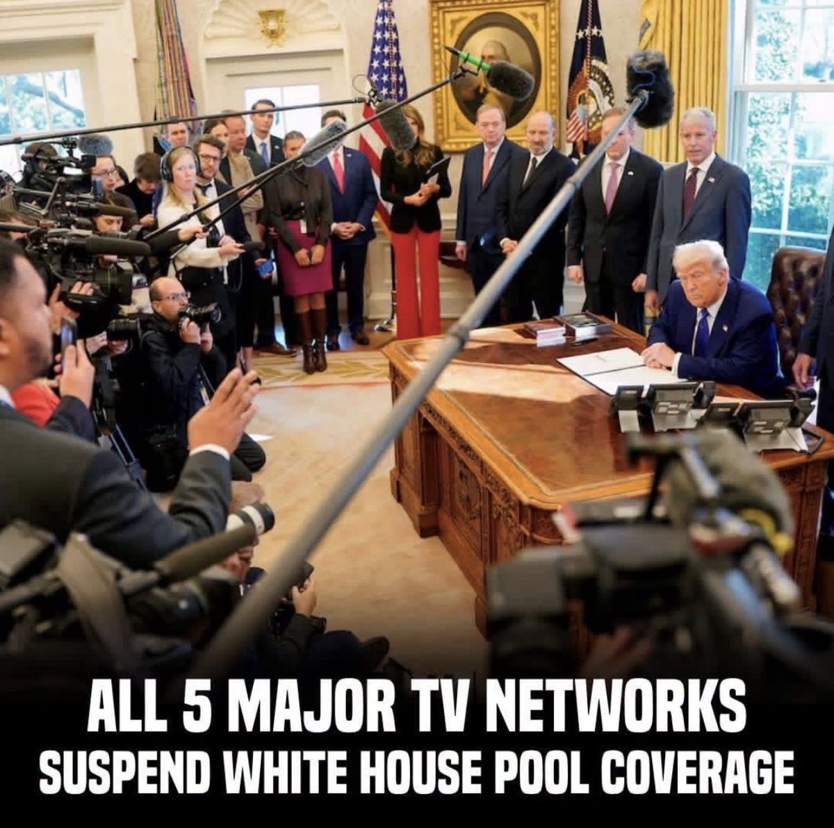 NotAvgLiberal's tweet photo. Holy Shit!

ABC, CBS, CNN, NBC and Fox News.

Yes….

Read that again.

FOX NEWS.

Have suspended TV coverage of President Trump.

After the Trump refused to allow CNN to serve its scheduled turn as pool representative.

FOX NEWS IS REFUSING TO COVER TRUMP!

About Fucking Time.