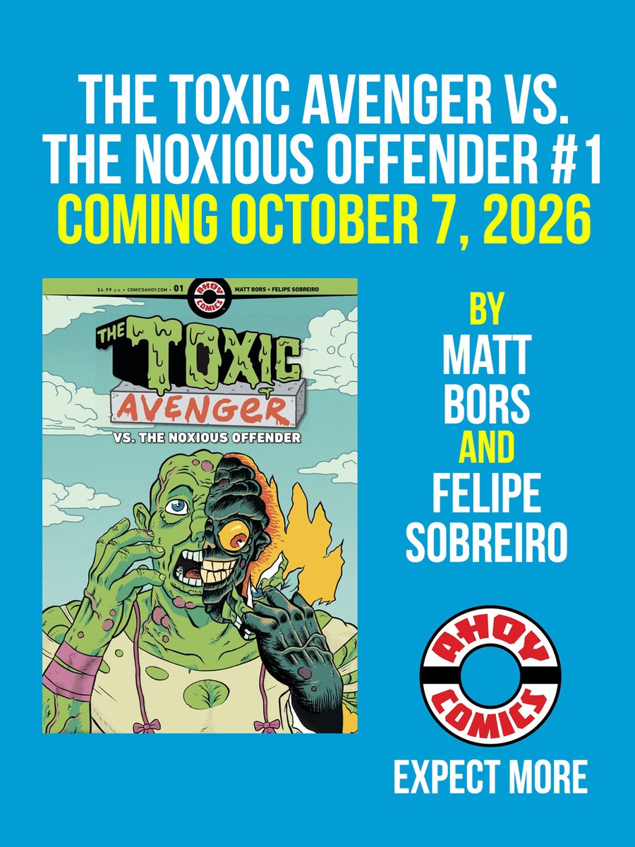 AhoyComicMags's tweet photo. "The spirit of underground comix is alive and thriving in the wonderful artwork of @therealsobreiro. Biting, charming, and disgusting all at once—THE TOXIC AVENGER VS. THE NOXIOUS OFFENDER is a gross-out genre delight."—Tradd Moore

@MattBors's next @Troma_Team comic lands 10/7! https://t.co/8MdKc1Z9WL
