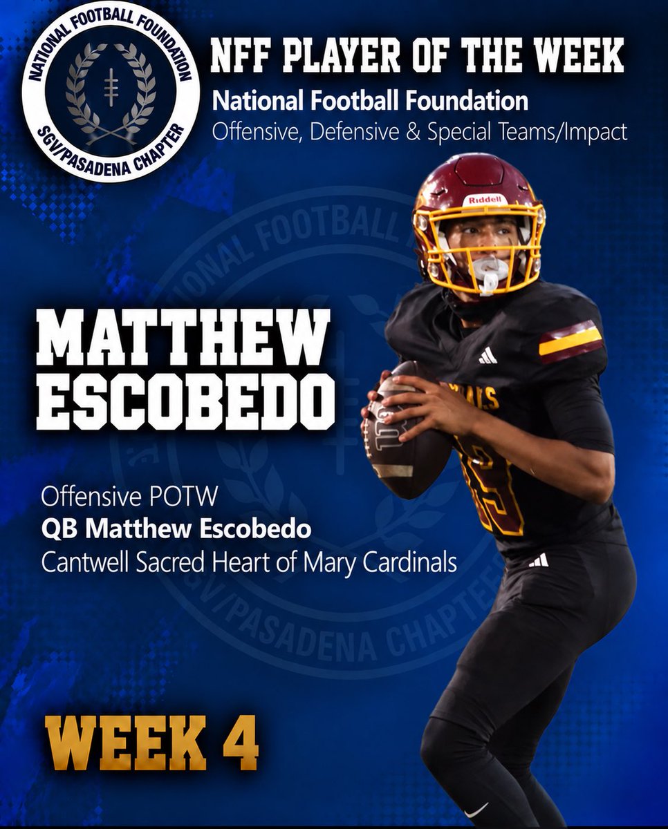 coachmark_48's tweet photo. Here are our @NFFSGV_Pasadena Players of the Week! 
Offensive player Matthew Escobedo QB (Cantwell-Sacred Heart)
Defensive player Cai Wallace DB (Damien)
Impact player Christopher Aguilar (Alhambra)
Congrats to these young men who had outstanding performances and helped lead their teams to victory in week 4