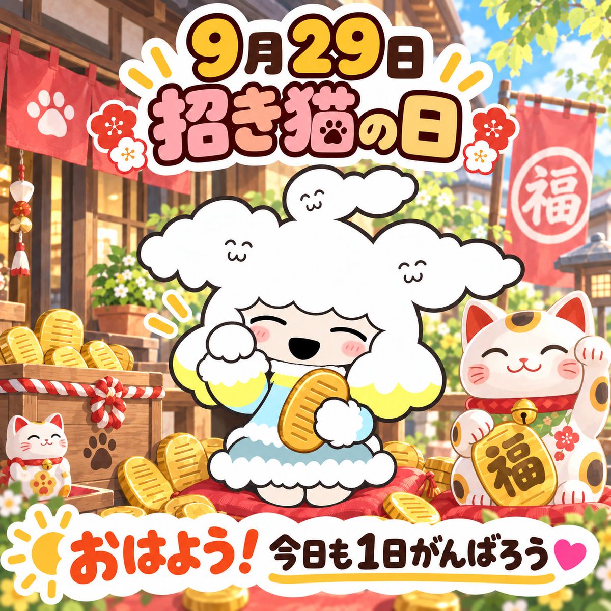 crossunion0314's tweet photo. おはようございます☁️
今日9月29日は「招き猫の日」🐱
「来る(9)福(29)」の語呂合わせです🍀
今日も1日がんばりましょう！
#企業公式相互フォロー #企業公式さんと繋がりたい #あつまれ企業キャラ #企業公式がお疲れ様を言い合う #企業公式つぶやき部 #企業公式キャラ https://t.co/p3AbDQa3lE