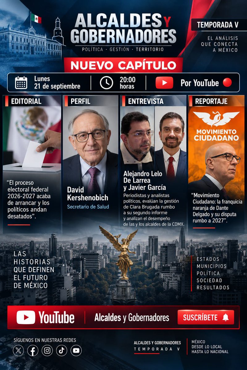 AlcaldesyGobers's tweet photo. 🎥 ¡Nuevo Capítulo, @AlcaldesyGobers! 📺

Capítulo 3 -Temporada V, a través de   @YouTube 🔴📲

🗳️ Editorial: “El proceso electoral federal 2026-2027 acaba de arrancar y los políticos andan desatados”. 🚨➡️

👤 Perfil: David Kershenobich, secretario-titular de @SSalud_mx - @DKershenobich 🏥🇲🇽

🎙️ Entrevista: @Alejandro_Lelo y @GarciaJJavier, periodistas y analistas políticos especializados en la CMDX, evalúan la gestión de @ClaraBrugadaM y de las y los alcaldes de la #chilangos.

⚠️ Reportaje:  @MovCiudadanoMX : la franquicia naranja de @DanteDelgado  y su disputa rumbo a 2027”. 🟠🚨

🔴 Estreno el 
📅 lunes 21 de septiembre | ⏰ 20:00 horas TCMex