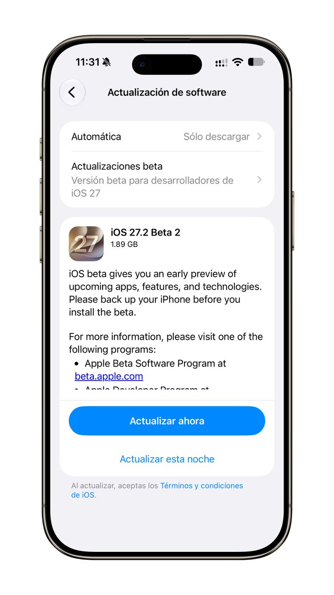 jeff_umanzor's tweet photo. ¡iOS 27.2 beta 2 ya está disponible! #ios272 https://t.co/LH0PZTpJqo