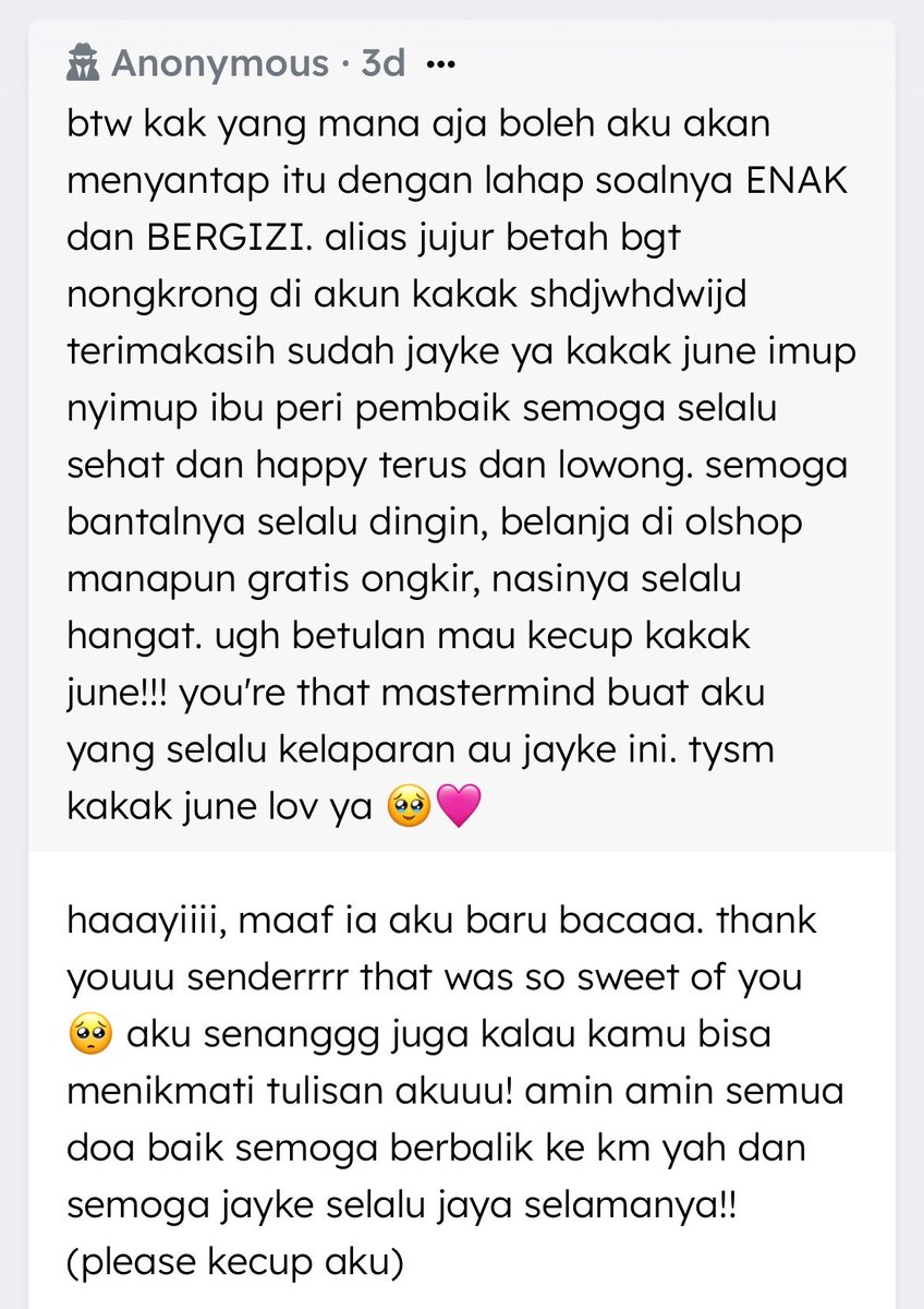 sandwriites's tweet photo. makasiihh yaaah sudah dukung aku selalu.. loveyou teman teman aku cinta kalian 🥺🫰🏻 (mengetik sambil menitikan air mata) https://t.co/sek7IDXpEM