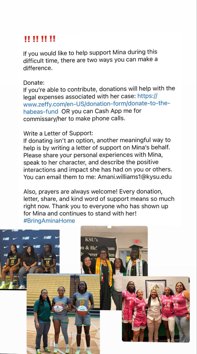 NiaOnAir's tweet photo. Here is additional information provided by Amina’s coach, Amani Williams @CoachAmaniW on how you can support her while she’s still on ICE custody. 

Let’s continue to spread the word! I ask that you all keep Amina in prayer, her family, and the Kentucky State WBB program in your thoughts.

Donation Link: https:// https://t.co/Cvnvk0gZQi 

#BringAminaHome