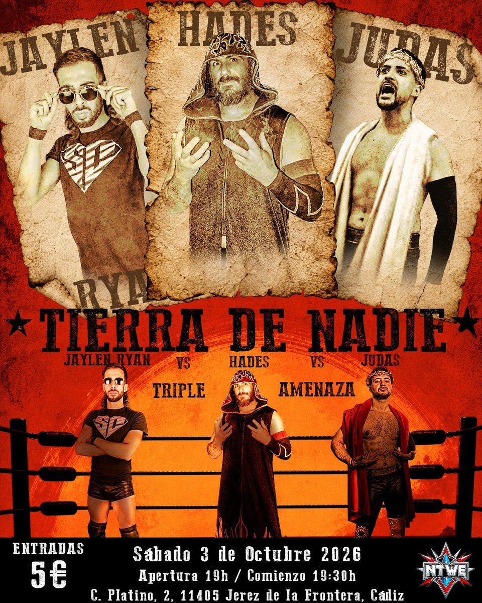 NTWE_WRESTLING's tweet photo. ☠️ TIERRA DE NADIE ☠️ 

Nombra al infierno y Hades aparecerá 🔥

TRIPLE AMENAZA 
"SUPERCHURRI" JAYLEN RYAN 💕 vs. HADES 🔥 vs. JUDAS ❤️‍🔥

📆 SÁBADO 3 DE OCTUBRE 

🕡 APERTURA 19:00 H SHOW: 20:00 H

📍C/ PLATINO 2. JEREZ DE LA FRONTERA 

🎟️ ENTRADA 5€ https://t.co/VdZMVxTC3y