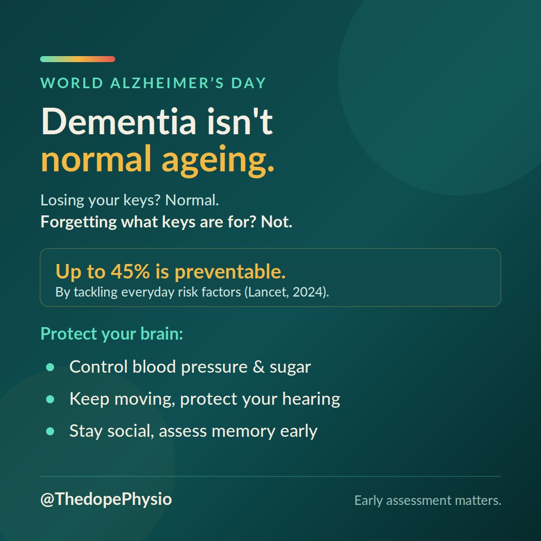 ThedopePhysio's tweet photo. In many of our homes, when an elder starts forgetting, we have a name for it. "Old age." We shrug. We say her memory has just gone, the way grey hair comes. Sometimes we go further and whisper that someone has "touched" her, that it is spiritual. And so grandma slowly disappears in front of us, and nobody takes her to a doctor, because we decided long ago that this is simply what old age does.

On World Alzheimer's Day, I want to gently correct that, because the belief is costing families dearly.

Here is the line to remember. Forgetting where you kept your keys is normal. Forgetting what keys are for is not. All of us misplace things, blank on a name, walk into a room and forget why we came. That is ordinary, tired, human forgetfulness, and it does not mean dementia. But when a person forgets how to do familiar things, gets lost on roads they have known for decades, struggles to follow a simple conversation, or changes sharply in personality, that is not ageing just being ageing. That is a medical condition, and it deserves a medical answer.

Dementia is not a normal, unavoidable part of growing old. Plenty of people live into their eighties and nineties with sharp minds. Dementia is a disease of the brain, and like other diseases, much of it can be prevented or delayed.

This is the hopeful part most people never hear. A major 2024 review found that up to 45% of dementia cases could be prevented or delayed by tackling everyday risk factors. Not exotic ones. The same enemies we already fight; Uncontrolled high blood pressure, Diabetes, Physical inactivity, Smoking, Untreated hearing loss, Loneliness and isolation. 
Keep your blood pressure in check, keep moving, protect your hearing, treat your sugar and stay socially connected, and you are actively protecting your brain, not just your heart.

So two things. First, if an older person you love is changing in the ways I described, please do not file it under old age or the spiritual. Take them for a proper assessment. Early intervention is everything, because it opens the door to treatment, planning and support while they can still be part of the decisions.

Second, look after your own brain now, in your forties and fifties. What you do today is the memory you get to keep tomorrow.

When did your parents last check their blood pressure?
#WorldAlzheimersDay #BrainHealth #Dementia #Nigeria