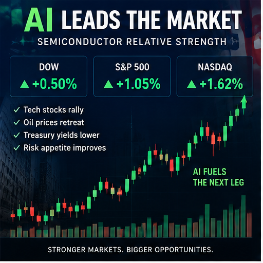🚨 AI IS LEADING THE MARKET AGAIN

S&P 500 +1.05%
Nasdaq +1.62%
Dow +0.50%
But the index isn’t the real story.
Semiconductors are showing serious relative stren