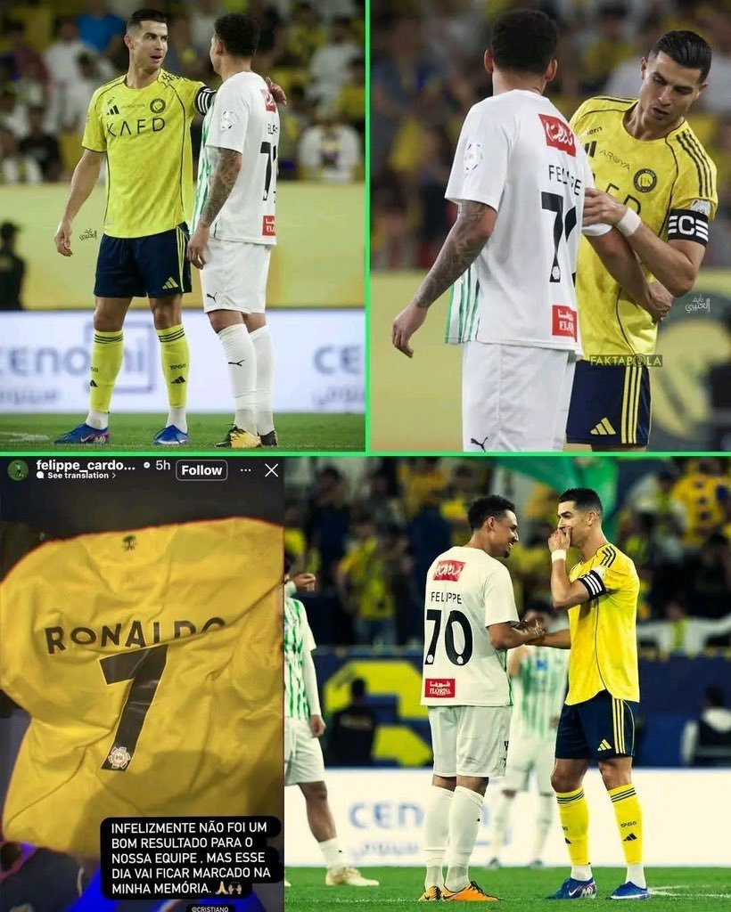 ArielipilloPlus's tweet photo. Durante el partido entre Al Nassr y Al Najma el viernes, Felippe Cardoso le pidió la camiseta a Cristiano Ronaldo.

 En lugar de un simple "sí" o "no", Ronaldo le preguntó su nombre y número de camiseta para poder identificarlo fácilmente al finalizar el encuentro.

 Cumpliendo su palabra, Ronaldo lo buscó después del partido y le entregó personalmente la camiseta.❣️