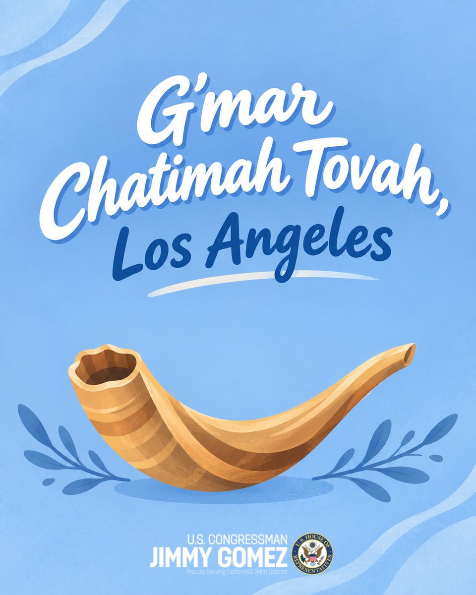 A blue illustrated greeting poster featuring a wooden shofar with decorative leaves. Large lettering appears above it, with a congressman's name and a seal near the bottom.