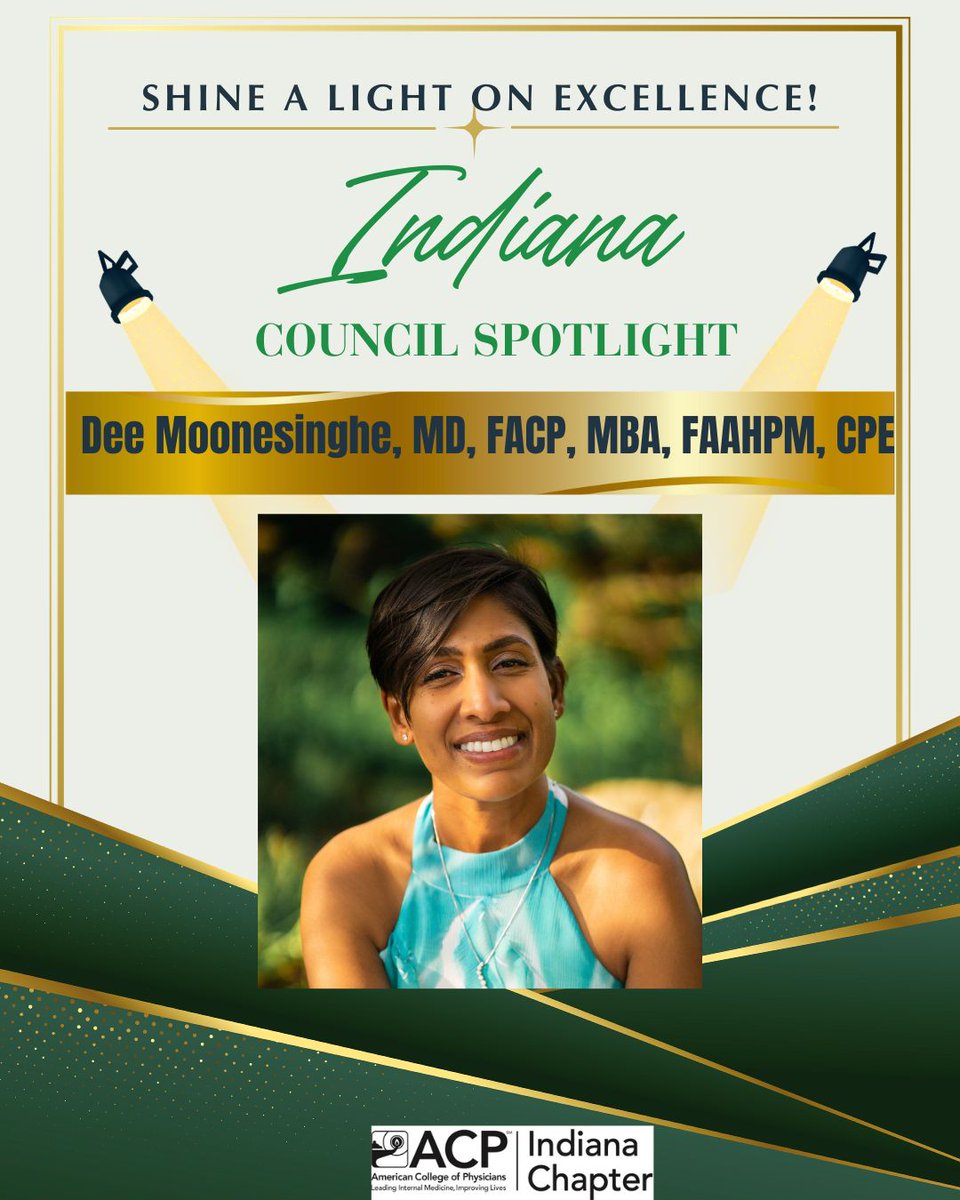 AcpIndiana's tweet photo. Council Spotlight for Women In Medicine Month - ACP IN Governor, Dr. Dee Moonesinghe represents our Chapter nationally, supports member advancement, recognizes achievements, advocates on issues affecting physicians and patients and leads educational events. https://t.co/bi9zZEHNsv