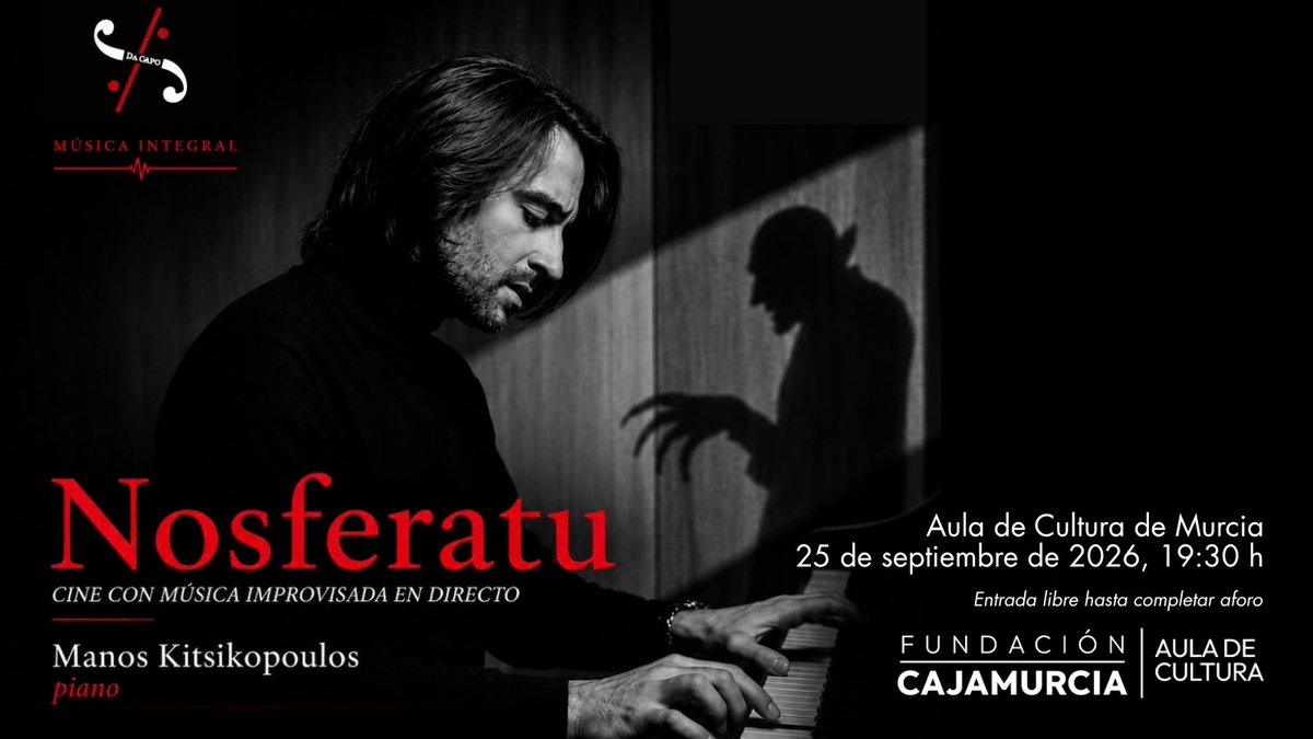 FCajamurcia's tweet photo. Una película de culto, un piano y una música que nace en cada escena. «Nosferatu», de F. W. Murnau, cobra nueva vida con la interpretación improvisada en directo de Manos Kitsikopoulos. Una experiencia única dentro de la IV edición del ciclo Da Capo. ¡Ni se te ocurra perdértelo! https://t.co/JEC34oBbQG
