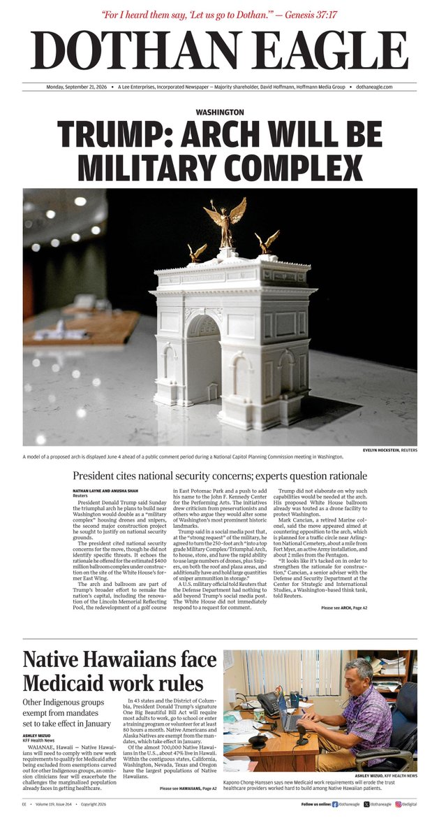 joshuadarr's tweet photo. The cover of today's Dothan Eagle (Alabama):
- story about arch in Virginia
- Hawaiian Medicaid rules https://t.co/PmkDBdnjUM