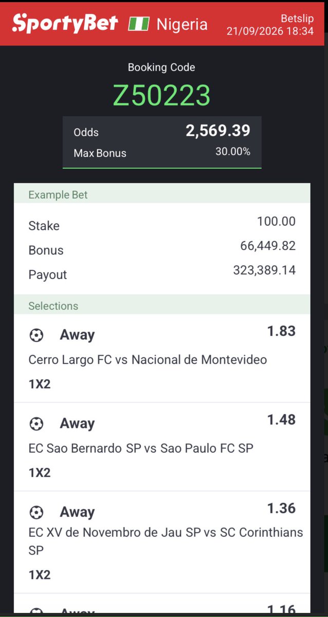 Mrsam4u01's tweet photo. Sportybet
Today game 
Booking code 👉 Z50223
Stake responsibly 
Goodluck https://t.co/nVlu4XW390