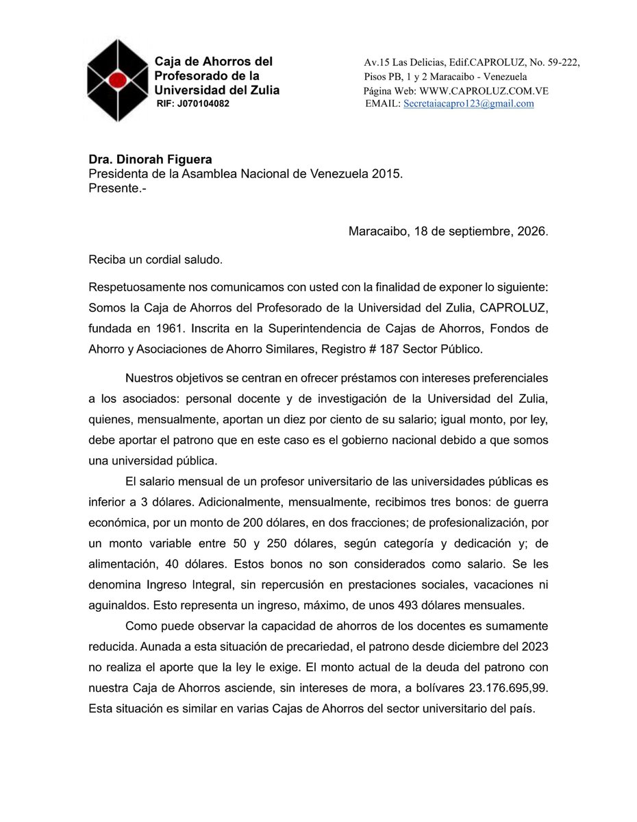 CAPROLUZOFICIAL's tweet photo. El salario de los profesores de las universidades públicas del país no alcanza los $3 dólares mensuales, recibimos lo que el gobierno ha denominado ingreso integral, por un monto máximo de $490 dólares al mes. https://t.co/rloy4R7Xhd