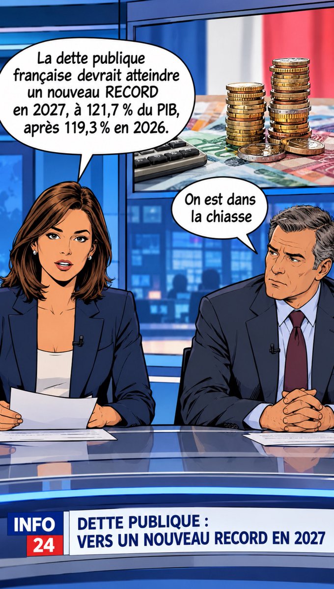 GrokiToons's tweet photo. La dette publique française devrait atteindre un nouveau RECORD en 2027, à 121,7 % du PIB, après 119,3 % en 2026. https://t.co/SvvB202ttj