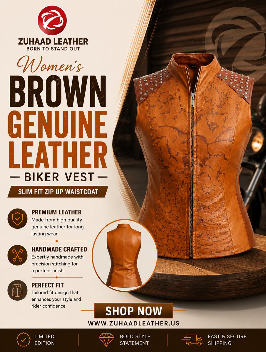 zuhaadleather's tweet photo. FROM EVERYDAY LOOK TO BOLD STATEMENT.

One vest. Endless attitude.

The rich brown leather, sculpted slim fit, and striking shoulder studs give this biker vest the perfect balance of bold, rugged, and feminine.

Whether you're heading out for a ride or upgrading your everyday wardrobe, this is the layer that does the talking.

Genuine leather. Handmade craftsmanship. Timeless biker attitude.

🛍️ Shop now: https://t.co/ejgQOk5NU3

#BikerFashion #WomensLeatherVest #LeatherStyle #ZuhaadLeather