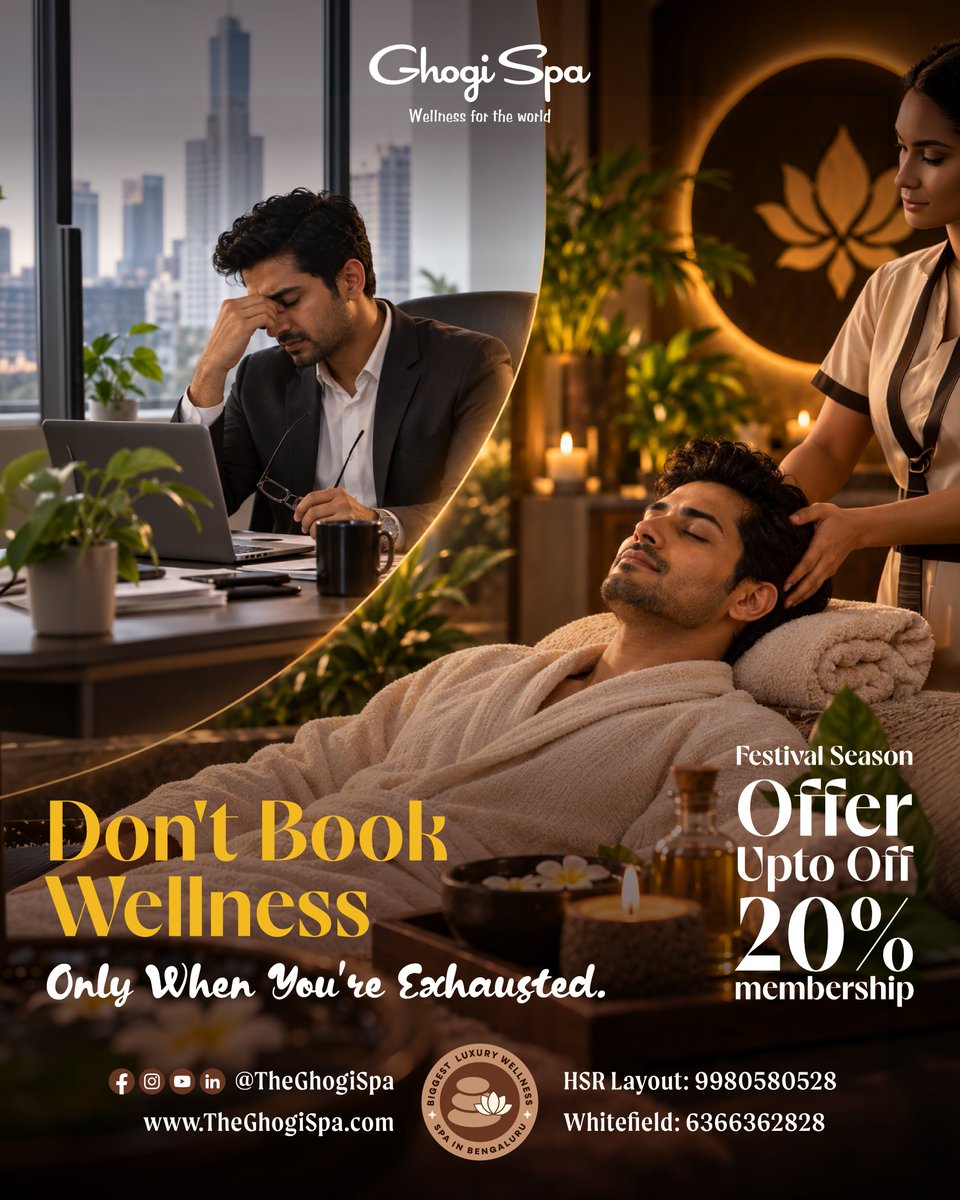 TheGhogiSpa's tweet photo. The best wellness routine isn't occasional.

It's consistent.

September Offer: 20% OFF Membership.

📞 HSR: +91 99805 80528
📞 Whitefield: +91 63663 62828
🌐 https://t.co/8Ph3Z1B0ZK
#GhogiSpa #WellnessMembership #CorporateWellness #BengaluruProfessionals #SelfCareRoutine https://t.co/WDZMx2OWJU