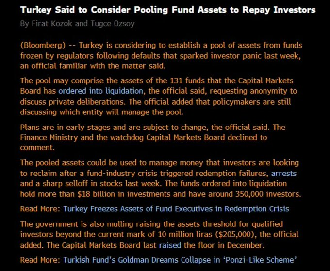 TheSignalPulse's tweet photo. BLOOMBERG: TURKEY CONSIDERS POOLING FUND ASSETS TO REPAY INVESTORS

Turkey is considering combining the assets of 131 investment funds ordered into liquidation by the Capital Markets Board of Turkey (CMB) into a single pool, according to Bloomberg, citing an official familiar with the matter.

The proposed pool could be used to manage the orderly liquidation of fund assets and payments to investors seeking to redeem their holdings following last week’s liquidity and redemption crisis.

The funds reportedly hold more than $18 billion in investments and have approximately 350,000 investors. Policymakers are still discussing which institution would manage the proposed pool.

The plan remains at an early stage and may change. Turkey’s Ministry of Treasury and Finance and the CMB declined Bloomberg’s requests for comment. Therefore, this should not yet be interpreted as a finalized government compensation or bailout program.

Under the CMB’s existing liquidation framework, İşbank has been appointed to oversee the funds managed by Tera Portföy, while Ziraat Bank has been authorized to manage the liquidation of funds belonging to six other portfolio-management companies.

Fund assets are to be converted into cash with investor interests, market depth and liquidity conditions taken into account. The proceeds will then be distributed proportionally according to each investor’s fund-unit ownership. The liquidation period is expected to last up to three months, although the CMB may extend it.

Bloomberg also reported that the government is considering raising the financial-asset threshold for qualified investors beyond its current level of TRY 10 million. The threshold was increased from TRY 1 million to TRY 10 million in December 2025.

The most important issue will be the legal and financial structure of any pooled-asset mechanism:

Will the assets, liabilities and losses of each fund remain confined to that fund’s own investors, or will assets and losses from different funds be managed collectively within a common pool?

Protecting investors must be the priority. However, unless the origin of the losses and the responsibility of each fund, institution and related party are clearly separated, such a mechanism could risk redistributing losses among investors who had no involvement in creating them.

Any pool-based solution must therefore be built around transparent valuation, strict fund-level segregation, equal treatment of investors, and effective recovery mechanisms against those found responsible.

Sources: Bloomberg News and the Capital Markets Board of Turkey

#TheSignal #Turkey #CMB #InvestmentFunds #BorsaIstanbul #CapitalMarkets