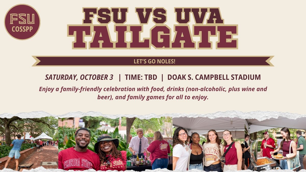 FSUintlaffairs's tweet photo. Our last tailgate was a blast, and we hope to see you all again for this one! 

🎉 Join the College of Social Sciences &amp; Public Policy at Doak S. Campbell Stadium on Saturday, October 3, for food, drinks, games, and great company before the game! 

Time: TBD https://t.co/XIq15srLgr