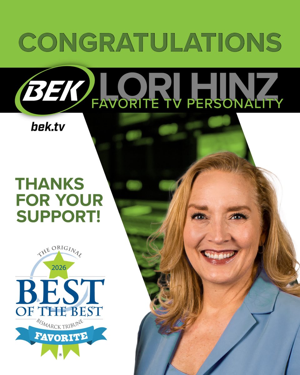 BEKNewsTV's tweet photo. The people have spoken!
Lori Hinz is first favorite for Best TV Personality!
Real. Unscripted. Unfiltered.
#BestOfTheBest #BEKTV #LoriHinz #BestTVPersonality #BismarckTribune #LocalTV #NorthDakota #GoLocal https://t.co/cJi3HnvZy5