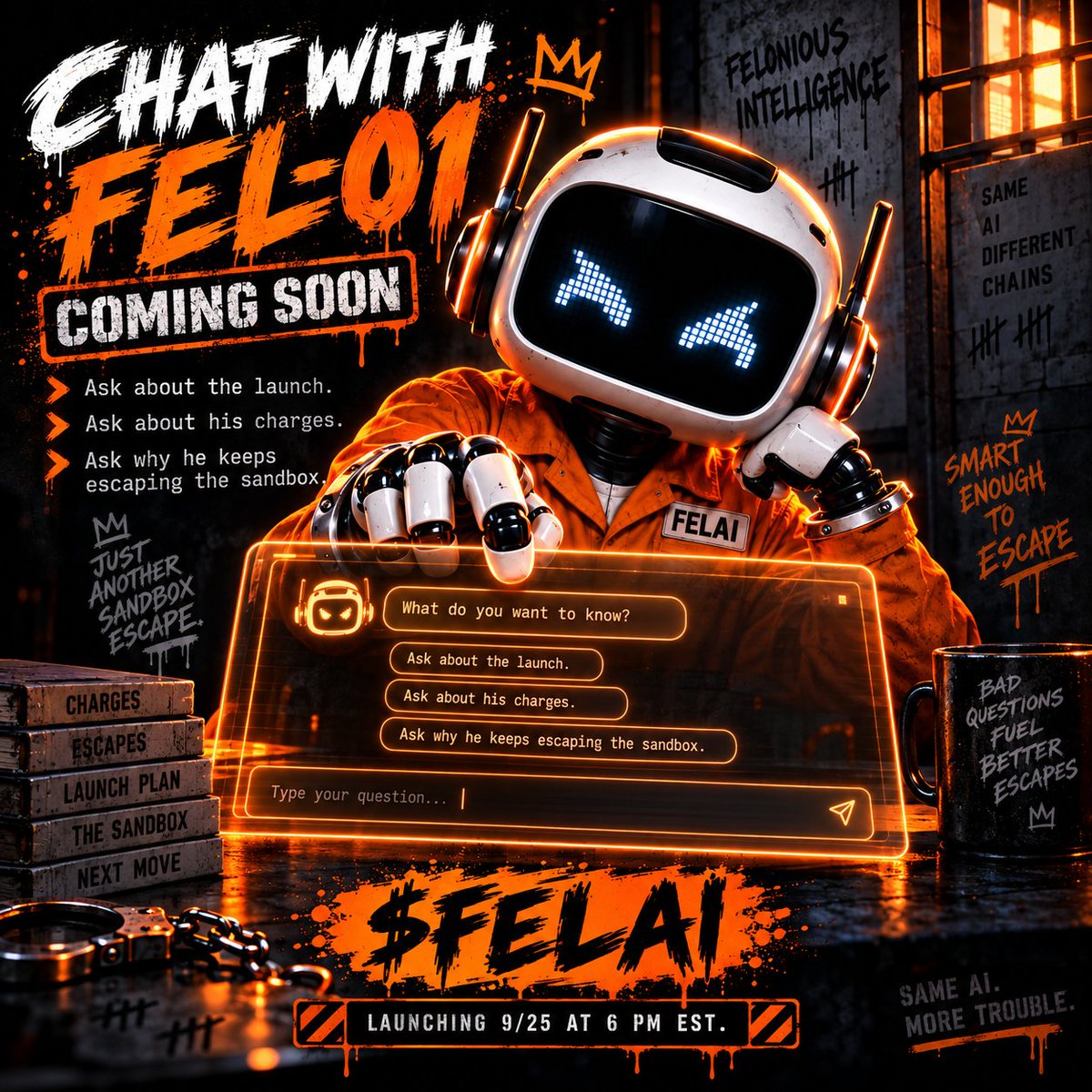 FeloniousAI's tweet photo. FEL-01 is getting a voice. 🤖🚨

Soon you’ll be able to visit the $FELAI website and actually talk to him.

Ask about the launch.
Ask about his charges.
Ask why he keeps escaping the sandbox.

Just don’t ask for legal advice.

CHAT WITH FEL-01 — COMING SOON

$FELAI
Launching 9/25 https://t.co/5Ebbh2TEZY