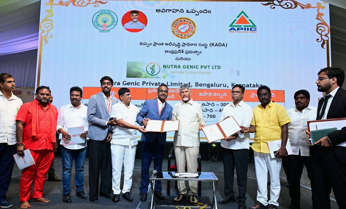 AndhraPradeshCM's tweet photo. కుప్పం అసెంబ్లీ నియోజకవర్గంలో వివిధ సంస్థలతో కుప్పం ఏరియా డెవలప్మెంట్ అథారిటీ గౌరవ ముఖ్యమంత్రి శ్రీ నారా చంద్రబాబునాయుడు సమక్షంలో నేడు పలు ఎంఓయూలు కుదుర్చుకున్నది.
1.కుప్పంలో స్కిల్ డెవలప్మెంట్ సెంటర్ ఏర్పాటుకు మానస సరోవర్ గ్లోబల్ యూనివర్సిటీతో ఎంఓయూ
2.కింబర్లైట్ కెమికల్స్ లిమిటెడ్ సంస్థ రూ.90 కోట్ల పెట్టుబడి పెట్టేందుకు కాడాతో ఒప్పందం
3.రూ. 250 కోట్ల పెట్టుబడితో హెర్బల్ ఉత్పత్తుల యూనిట్ ఏర్పాటుకు న్యూట్రలా జెనికా సంస్థ ఎంఓయూ, 700 మందికి ఉపాధి.
4.బొటానికల్ ఎక్స్ ట్రాక్ట్స్ ప్రాజెక్టు కోసం రూ.67 కోట్ల పెట్టుబడి, 8,250 మందికి ప్రత్యక్ష, పరోక్షంగా ఉపాధి అవకాశాలు కల్పించేలా పయనీర్ ఎక్స్ ట్రాక్ట్స్ లిమిటెడ్.
5.రూ.150 కోట్లతో ఫ్రోజెన్ ఫుడ్స్, ఐస్ క్రీమ్ తయారీ కోసం ఎంగమ్ డైరీ ఫుడ్స్ ఎంఓయూ. 1,400 మందికి ఉపాధి అవకాశాలు.
6.ప్లాంటేస్ హెల్త్ కేర్ ఆరోగ్యపరమైన ఉత్పత్తుల తయారీకి రూ.25 కోట్ల పెట్టుబడి కోసం కాడాతో ఒప్పందం.
7. సెర్ప్‌తో కలిసి రూపొందించిన మన రోవర్ మొబైల్ యాప్ విడుదల
#kuppam 
#AndhraPradesh