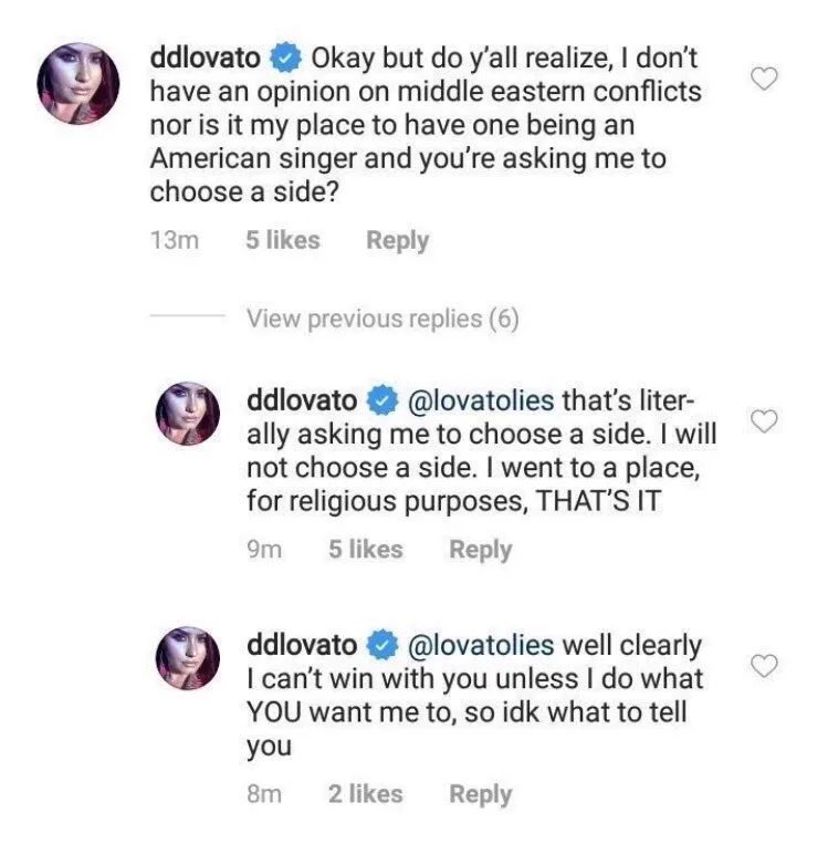 BriannaWu's tweet photo. Kind of love Demi Lovato’s response to people trying to drag her into free Palestine. “I’m a singer. I don’t have an opinion on Middle East conflicts.” https://t.co/P0gVRG4VzT