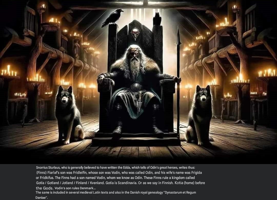 Archtypefinno's tweet photo. @AlankoTuulia Suomalainen Woden (Tanskan ekan kunkun iskä) joka oli myös Rurikin about 26:s isoisä joka taas oli Svyatoslavin isoisä joka hakkas Kazarit 965 AD
(Thor leffan intro wink wink.) https://t.co/bDUo84bCJD